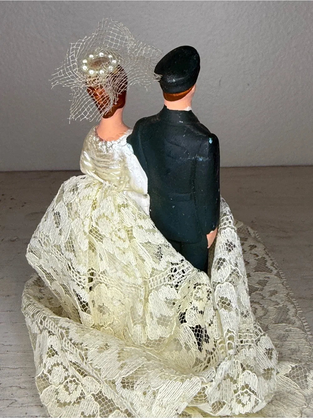 Vintage Military Army Chalkware Bride & Groom Cake Topper Featuring Lace Dress